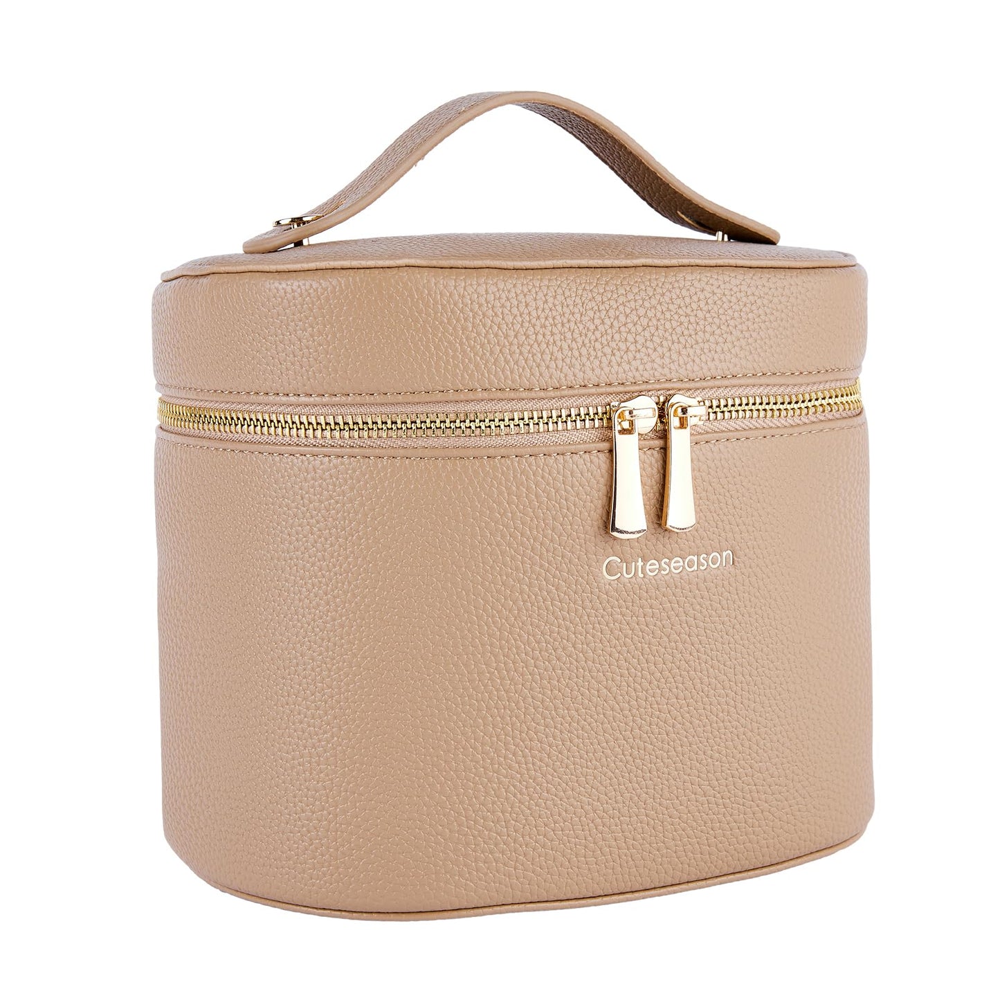 Cuteseason Large Makeup Organizer Bag with Removable Compartments, Waterproof Travel Cosmetic Bag with Rivet Handle for Skincare, Toiletries & Beauty Essentials (Khaki)