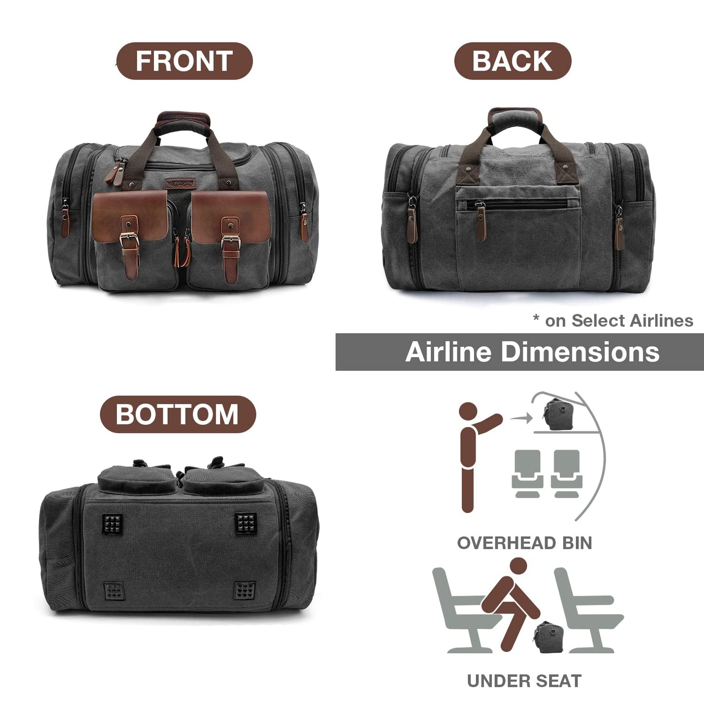 Wildroad 50L Travel Duffel Bag, Expandable Canvas Genuine Leather Duffle Bag Upgraded Overnight Weekender Carry on Bag