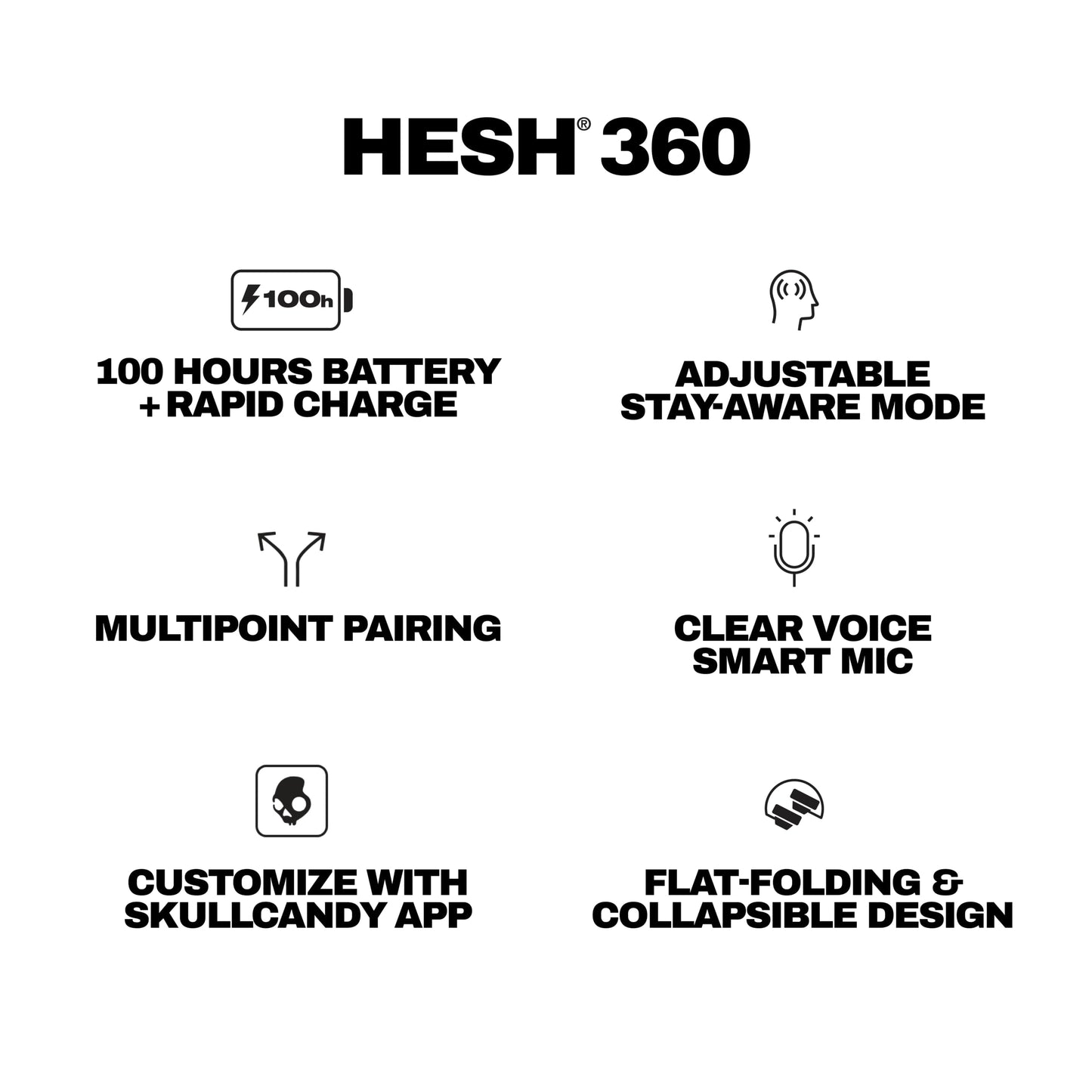 Skullcandy Hesh 360 Wireless Over-Ear Bluetooth Headphones, Up to 100 Hours Battery, Noise Isolating Fit, Flat-Folding Collapsible Design, Microphone iPhone Android - True Black