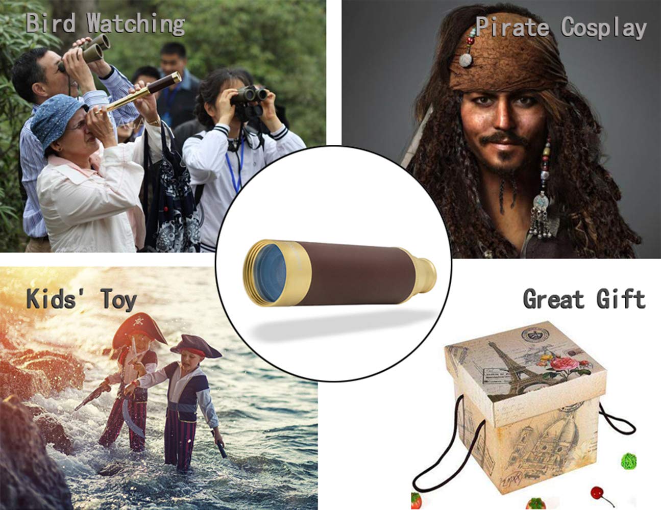 Laupha Retro Pirate Telescope Zoomable 25x30 Pocket Monocular Portable Collapsible BAK-4 Lens Captain Jack's Spyglass Handheld Telescope Vintage Telescope for Kids