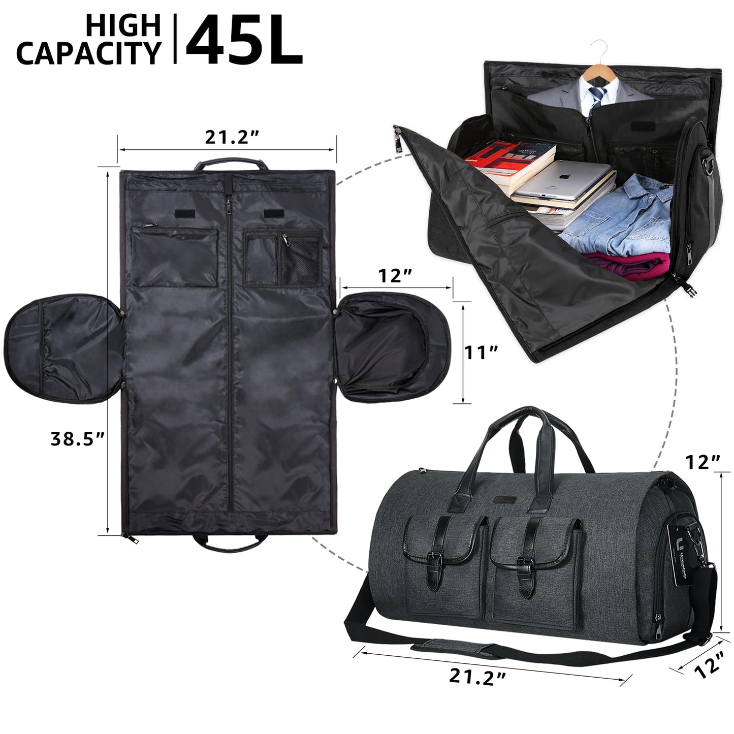 UNIQUEBELLA Travel Garment Duffel Bag, 45L Carry on Suit Bag for Men Convertible Foldable Weekend Bag with Shoe Compartment