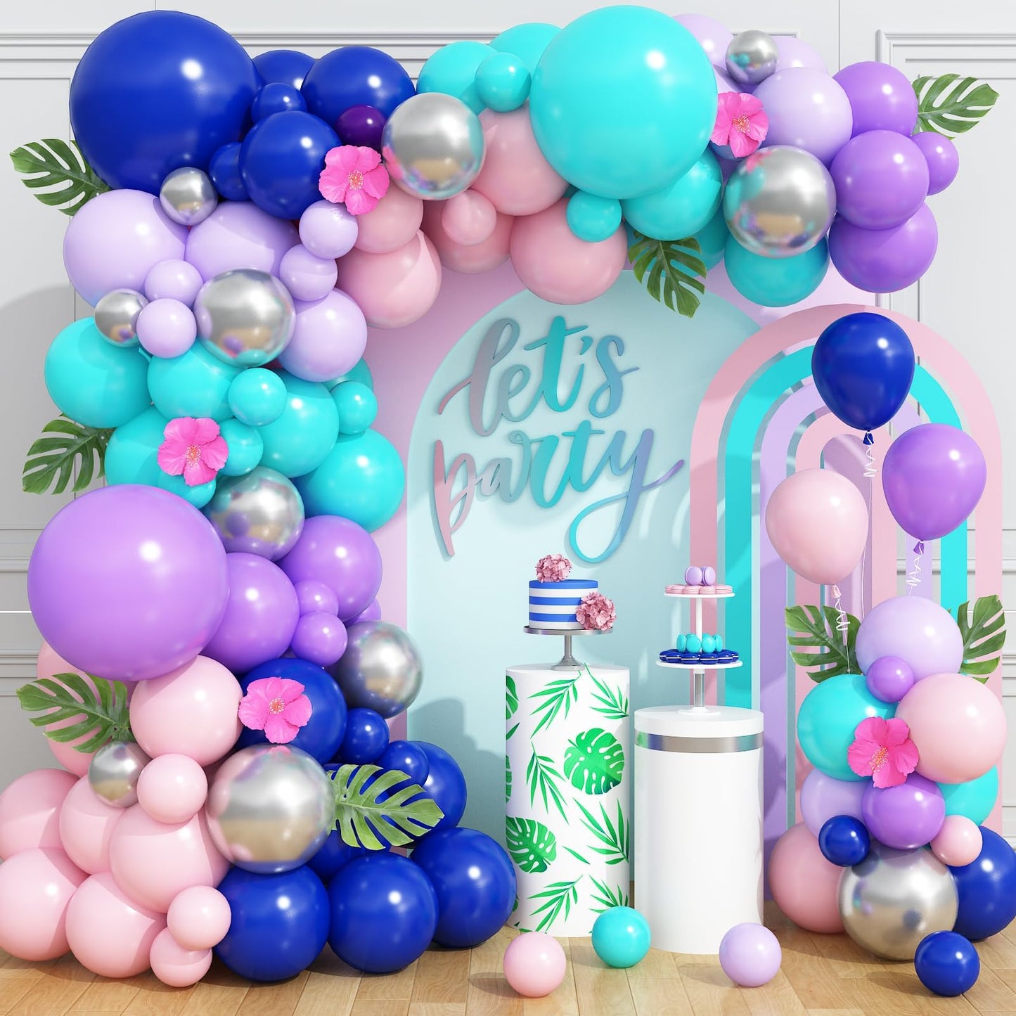 Blue Purple Balloon Arch Kit, 108 Pcs Macaron Purple Pink Blue Balloons Garland with Teal Royal Blue Metallic Silver Latex Balloons for Kids Hawaii Summer Theme Party Baby Shower Birthday Decoration