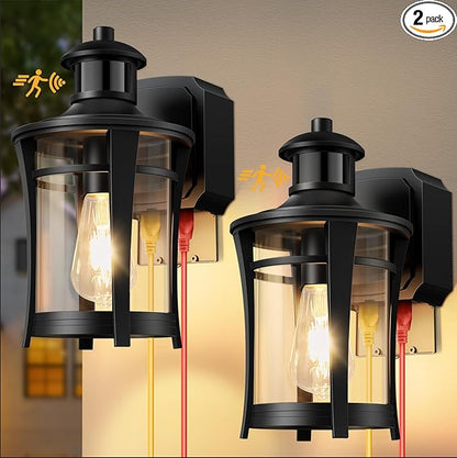Porch Lights with Outlet, 2 Pack Outdoor Motion Sensor Lights, Dusk to Dawn Exterior Light Fixture, Anti-Rust Waterproof Outdoor Wall Light, Aluminum Outside Lights for House Patio Front Door Garage