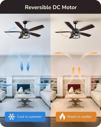 EDISHINE 52 Inch Farmhouse Ceiling Fans with Lights, Remote Control, 5 Wooden Blades, Dimmable, Timer, 6 Speeds Reversible DC Motor, Rustic Lighting & Ceiling Fan for Bedroom Living Room, UL Listed