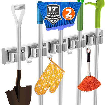 reliahom Broom Holder Wall Mount Mop and Broom Hanger Wall Mounted Garage Storage Rack Kitchen Garden Tool Organizer (4 Racks with 5 Hooks, Silver)