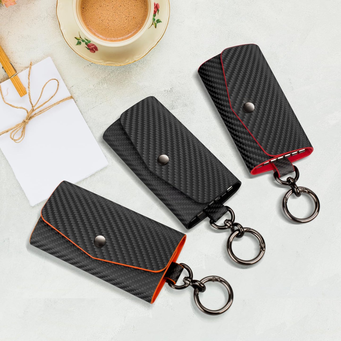 Leather Key Holder Wallet with 6 Hooks, Carbon Fiber Pattern Portable Keychain Pouch for Men, Women