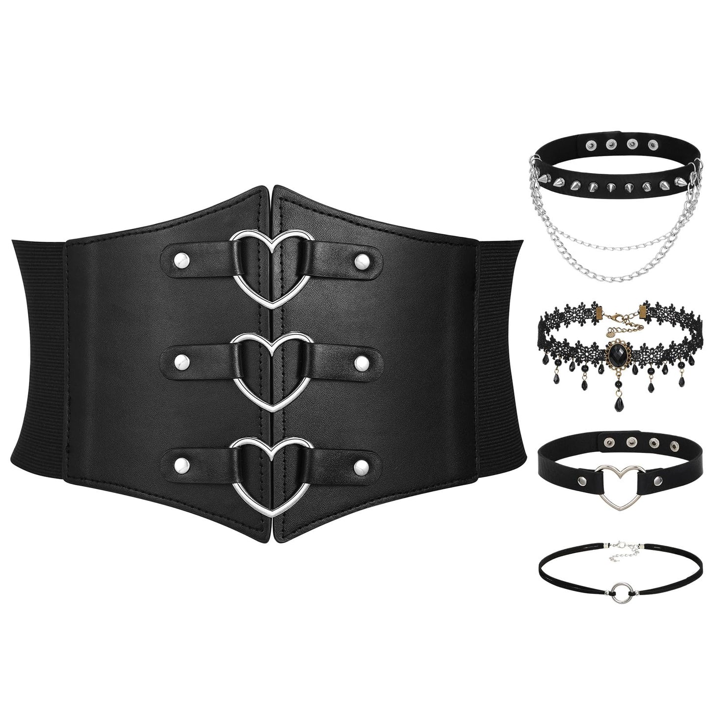 JKEEMI Women Corset Belt With Black Choker Necklace Set, Heart-Ring Wide Elastic Waist Belt Adjustable Gothic Velvet Collar Choker Party Gifts