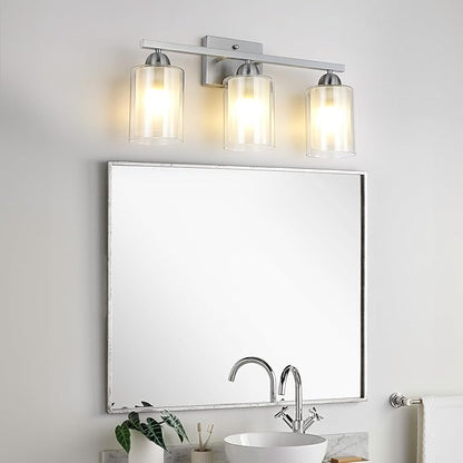 Stainless Steel Bathroom Vanity Light Over Mirror, 3 Light Brushed Nickel Bathroom Light Fixtures with Milk Glass and Clear Glass Shades, Modern Vanity Lighting Wall Mount