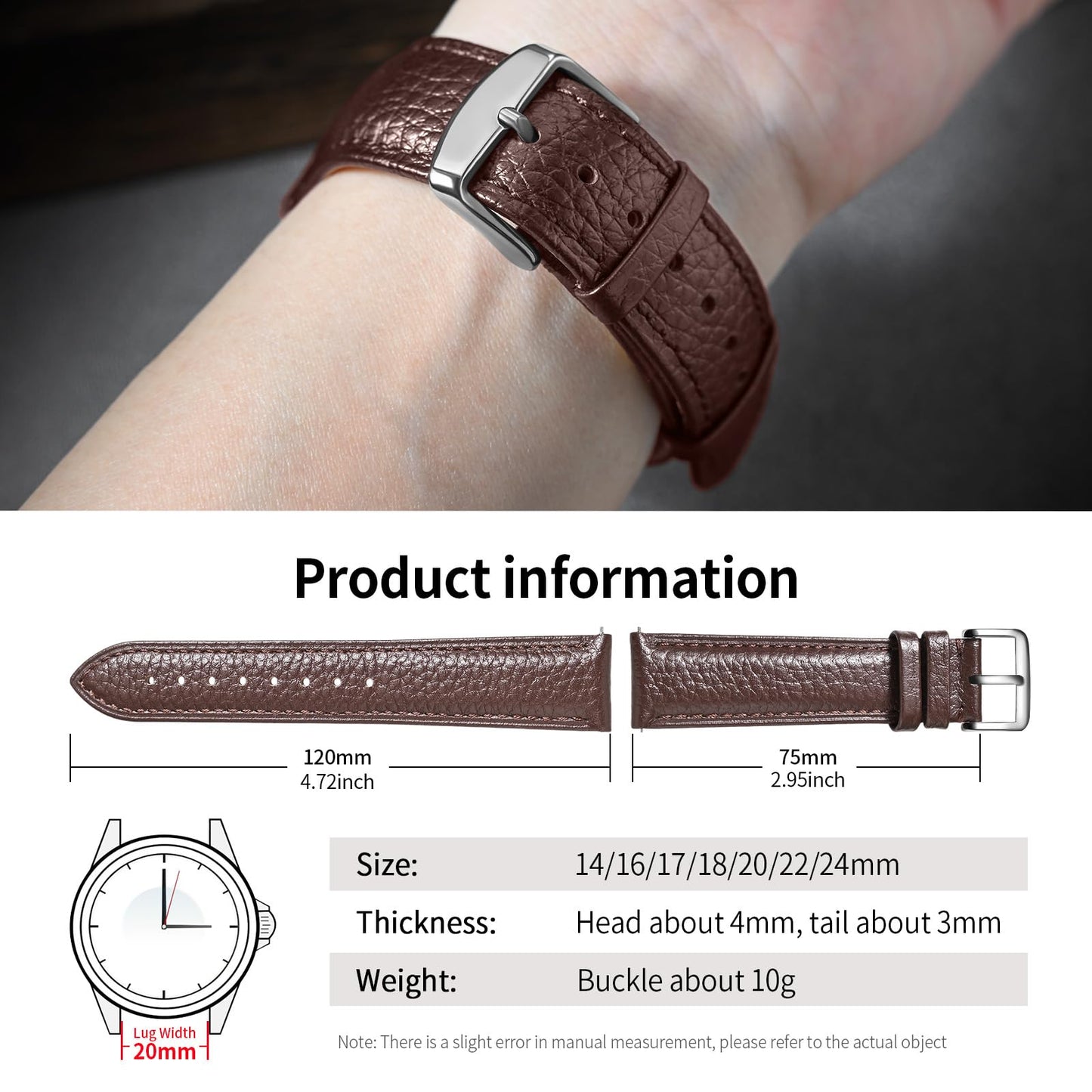 ULLCHRO Genuine Leather Watch Strap Quick Release Watch Band Vintage Alligator Grain Leather Strap Premium Top Grain with Stainless Steel Buckle, Soft Brown Calfskin for Men Wrist (20mm, Dark Brown)