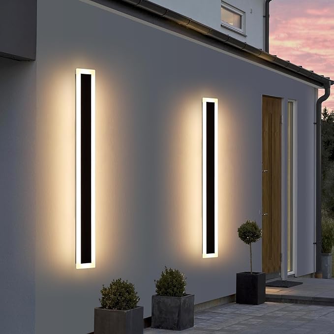 Upgrade Widened 2 Pack Long Outdoor LED Wall Light, 57inch Modern Minimalist Wall Sconce, 3 Color 3000K/4500K/6000K, 50W, IP65 Waterproof, Black Exterior Lighting Fixture for Patio, Garden, Garage