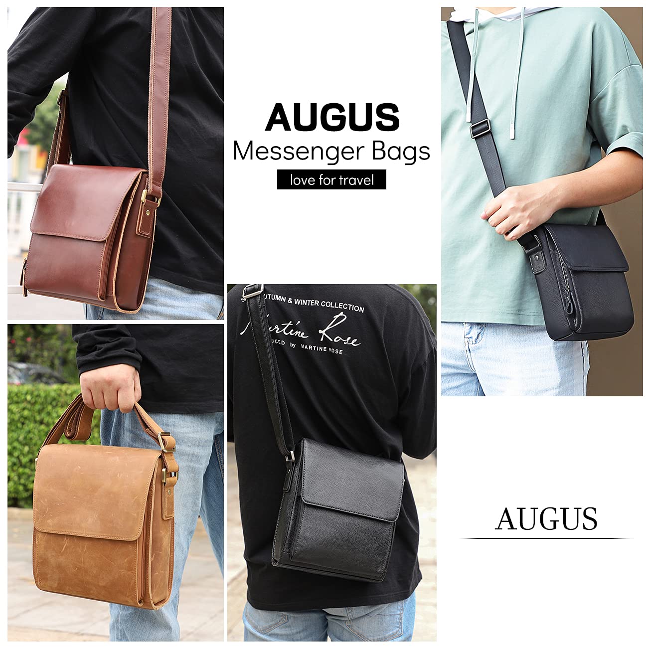 Augus Leather Messenger Shoulder Crossbody Bag for Men Work Business Vintage Magnetic Buckle Big Capacity Adjustable straps (Brown red)