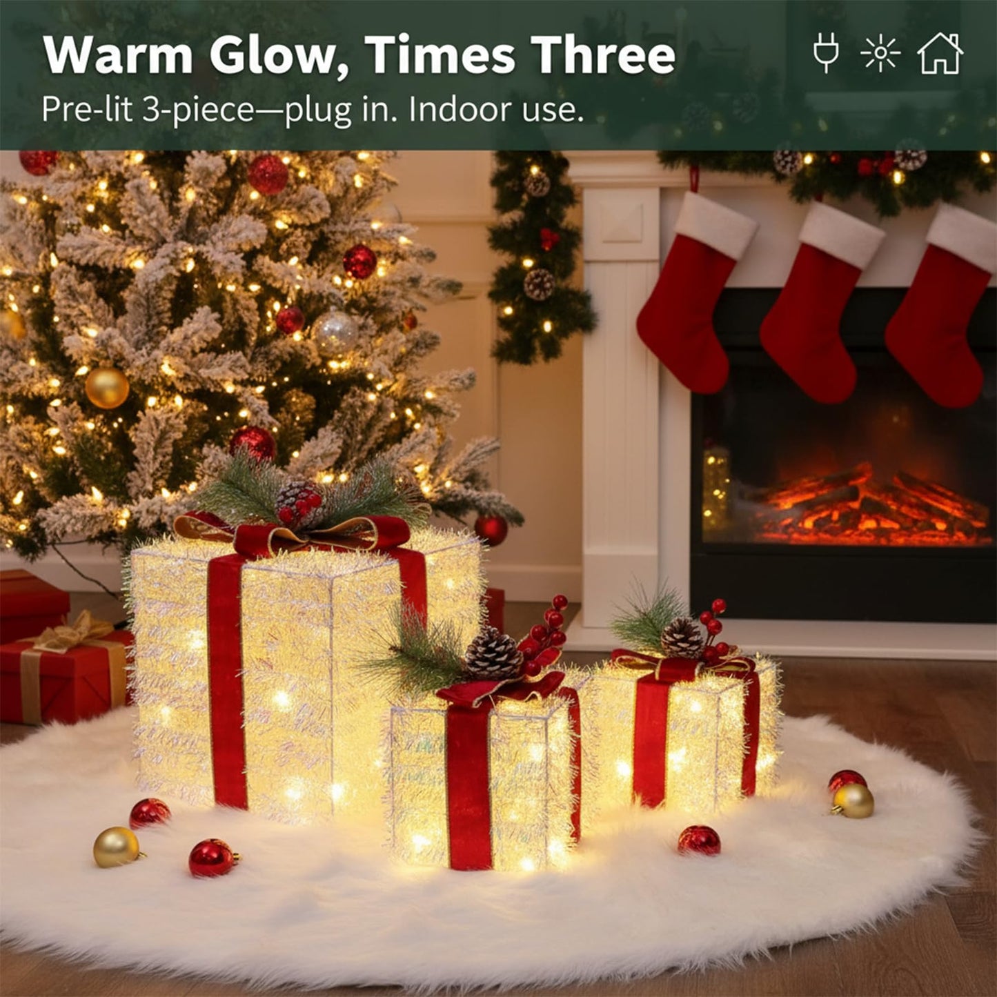 Fulong's Opulent Christmas Lighted Gift Boxes Decor Set of Three Pre-lit LED Presents | Warm White Garden, Porch, Room Decor & Tree Skirt Ornaments | Indoor 60 Lights Set