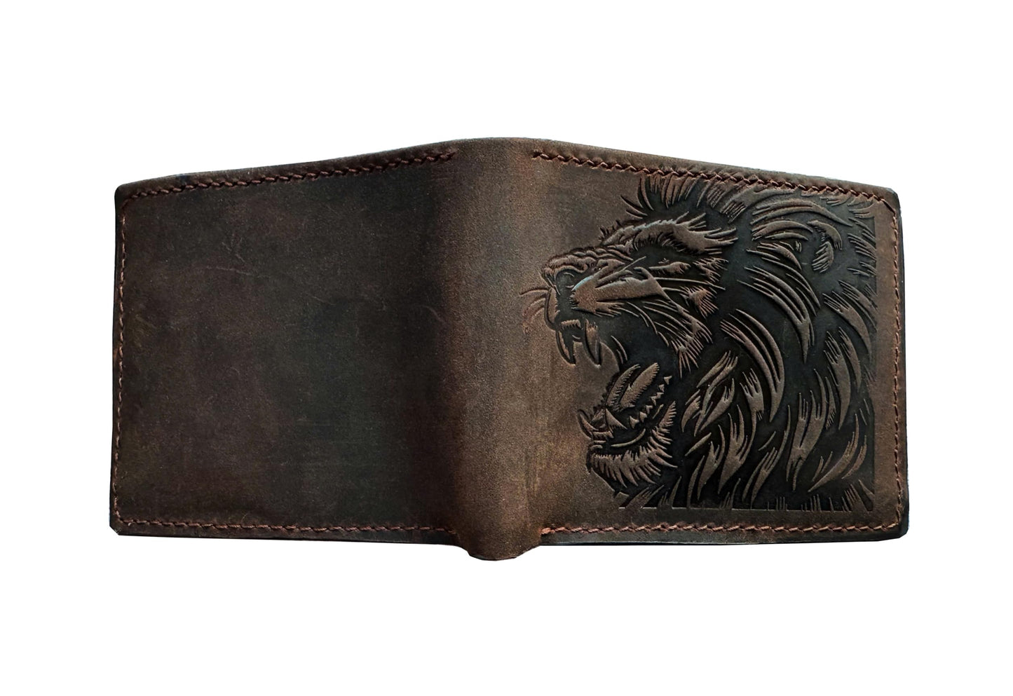 Mayan Corner - Genuine leather handcrafted wallet, bifold wallet with ID card slot, cool wallet for dad - Lion head