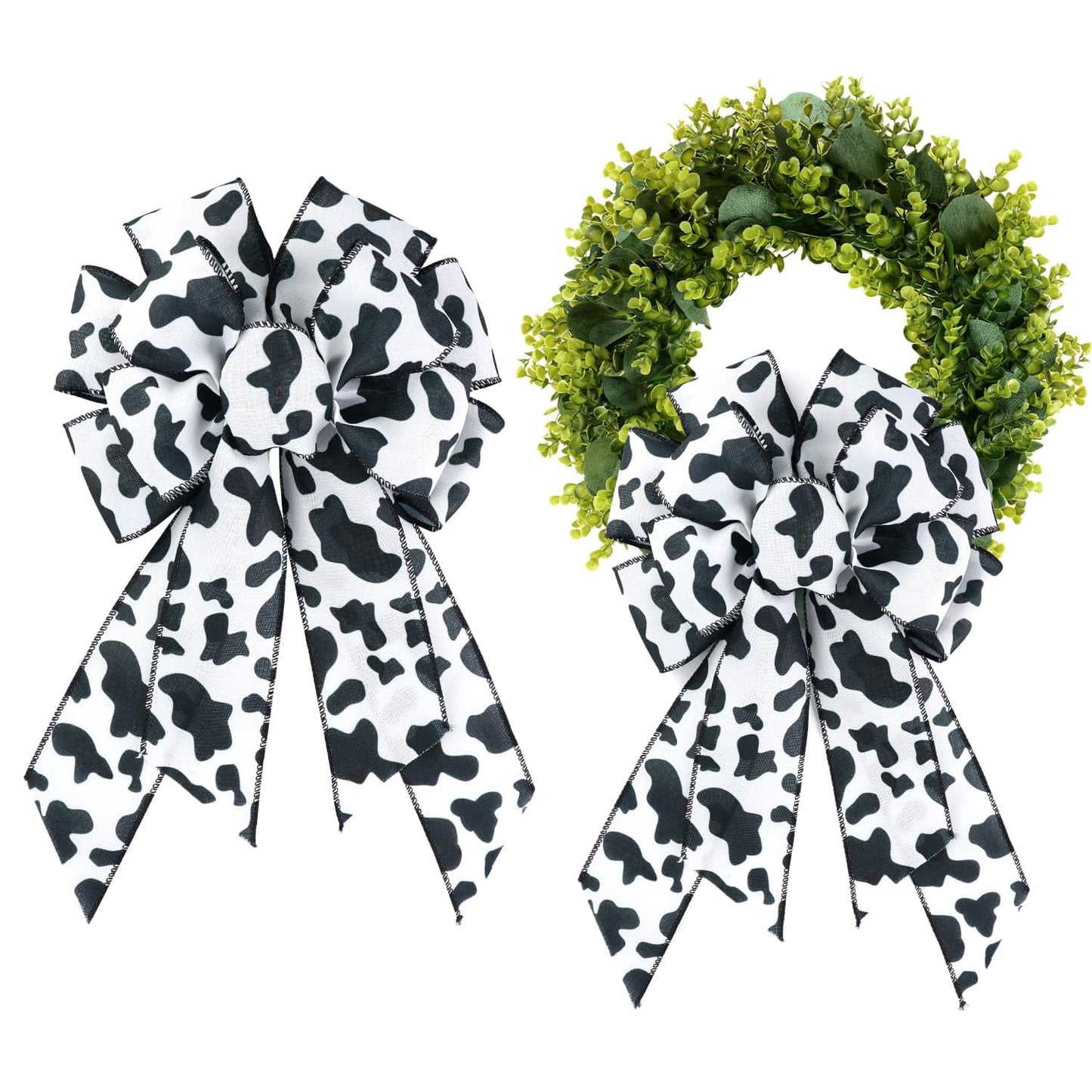 Kutyndrix Cow Print Ribbon Bow 14.57x9.06 Inch Wire Edged Rustic Farmhouse Decor for Christmas Tree Topper Wreath Gift Wrap Party Supplies