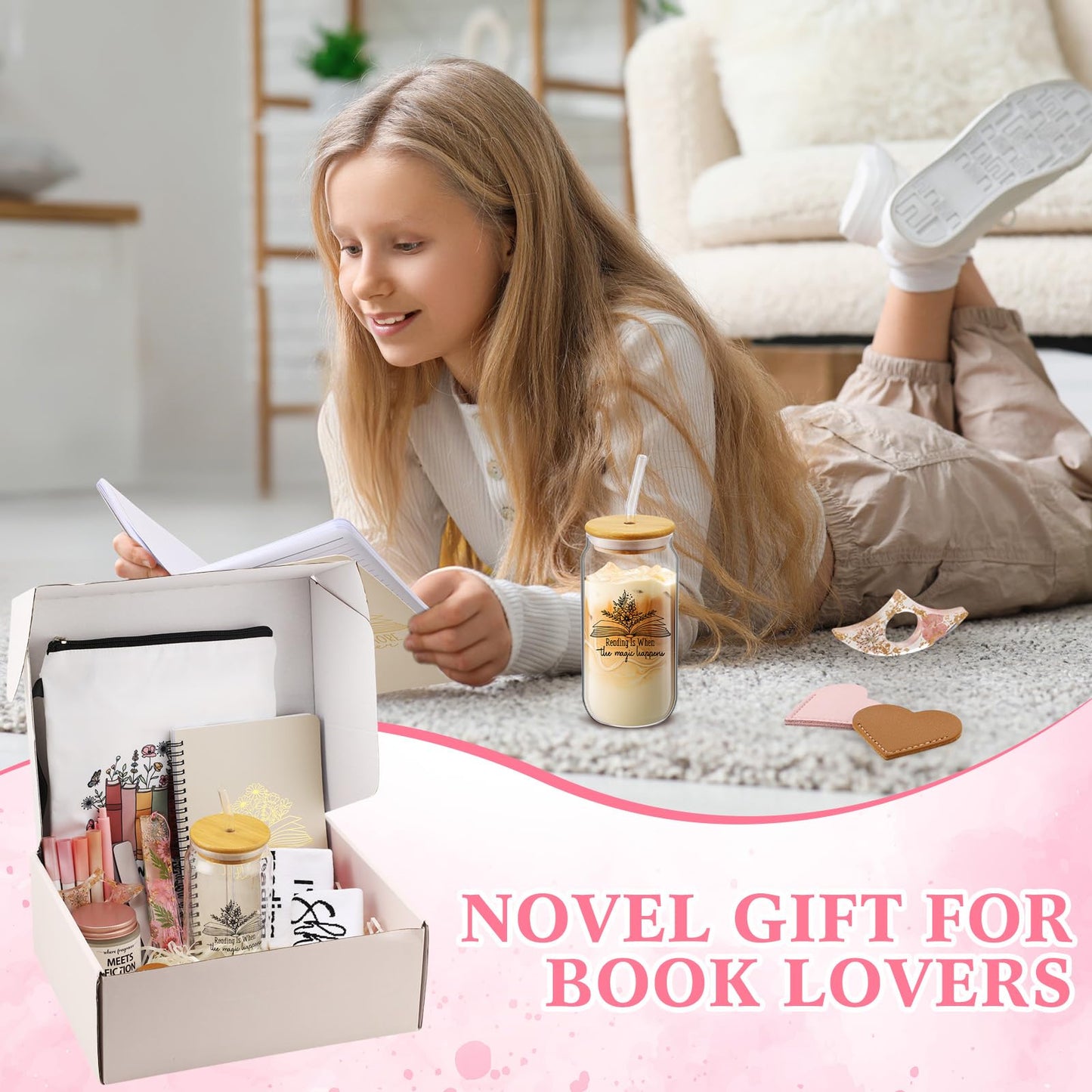 Widecook 21 Pcs Book Lovers Gifts for Women Book Club Gift Accessories Sleeve Glass Cup Mug Notebook Pens Candle Socks Bookmarks for Birthday Readers Bookish Bookworms Librarian
