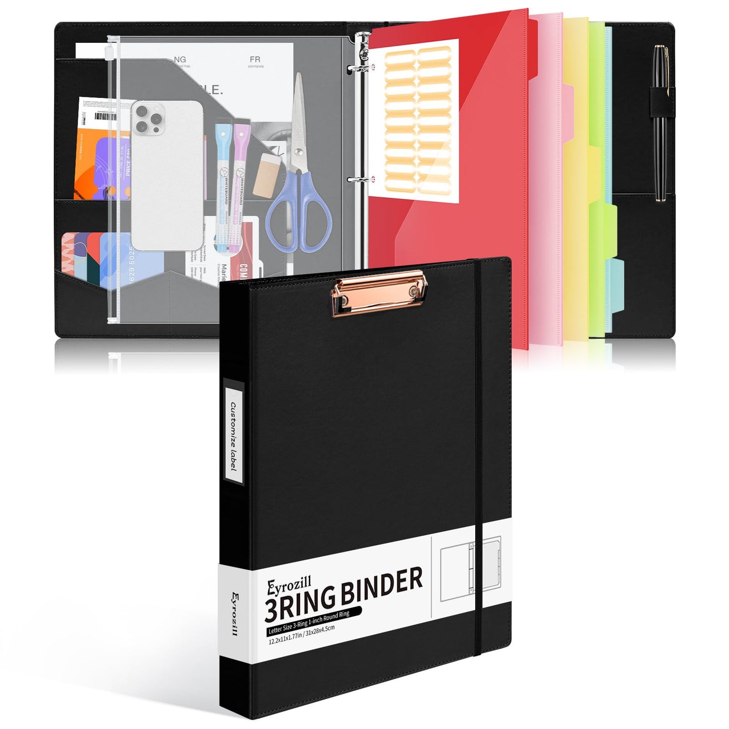 Eyrozill Professional Leather Binder Portfolio with Clipboard, Zipper Pouch, 5 Sheets Plastic Dividers，Leather 3 Ring Binder 8.5 x 11, 1-inch Round Rings, Professional Binder Organizer, Black
