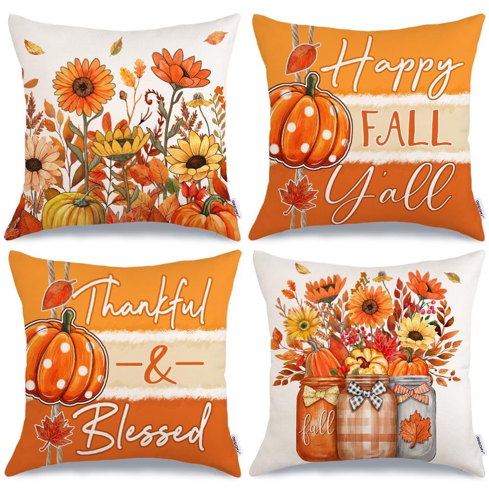 GEEORY Fall Sunflower Pumpkin Thanksgiving Pillow Covers 18x18 Set of 4