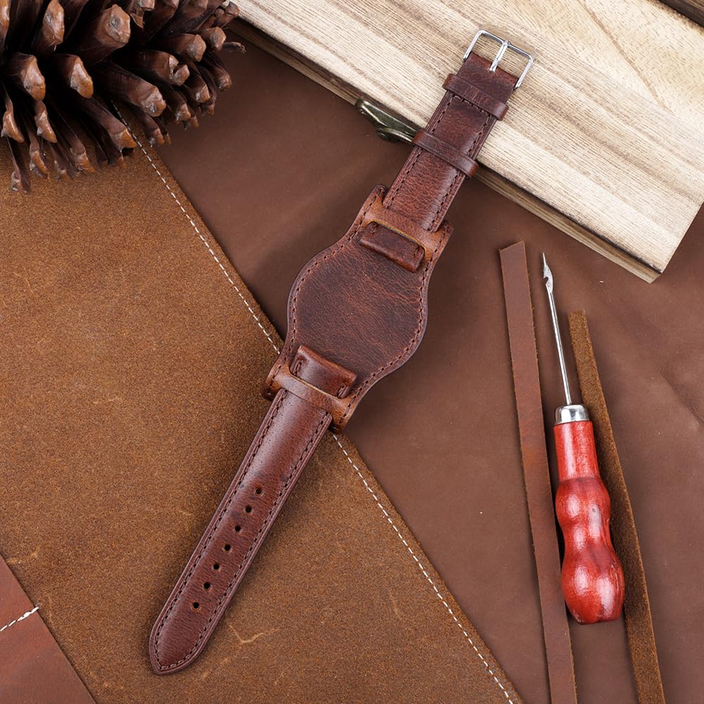 Onthelevel Leather Cuff Watch Strap 18mm 19mm 20mm 21mm 22mm Vintage Genuine Leather Bund Watch Band with Mat for Men