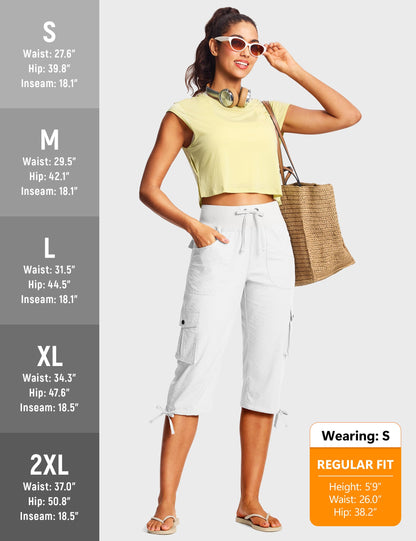 ISEEGZ 18" Capri Pants for Women Cargo Hiking Pants Lightweight Women's Capris with 6 Pockets Summer Casual Travel White