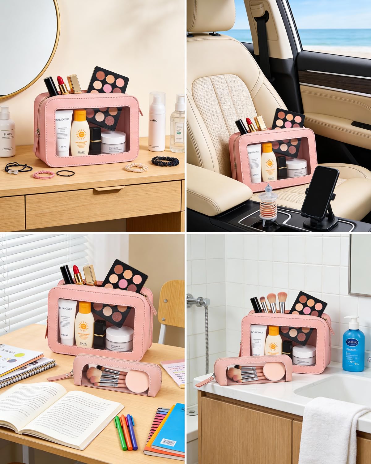 LETGO 2Pack Clear Makeup Bags Set, Small Clear Makeup Bag, PU Leather Travel Makeup Brush Case Portable Transparent Waterproof Cosmetic Organizer Pouch with Zipper for Women(2Pack-White Set)