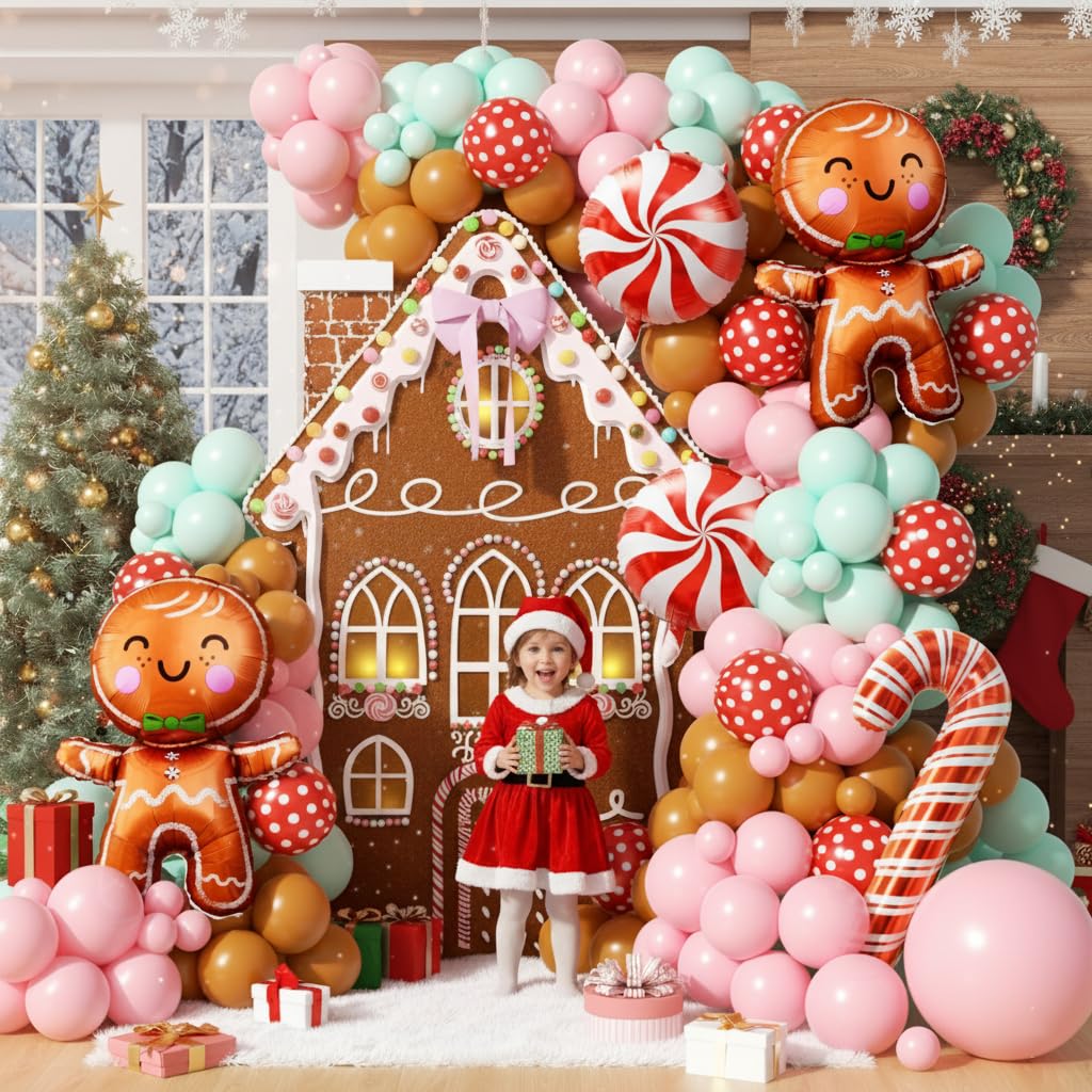 PTGOLUO 160Pcs Christmas Balloon Arch Garland Kit Xmas Pastel Pink Green Brown Latex Balloons Gingerbread Man Candy Cane Foil Balloons Arch Kit for Christmas New Year Party Birthday Party Decorations