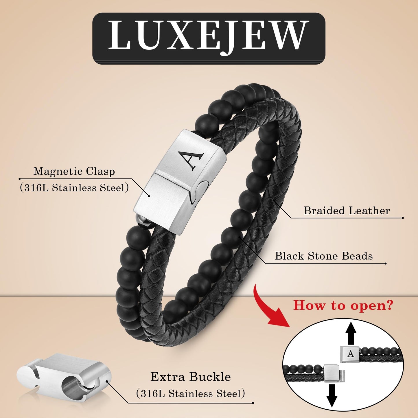 LUXEJEW Mens Bracelet - Black Leather Beaded Bracelets for Men with Magnetic Clasp Letter H Initial Bracelet 6mm Matte Agate Beads Stone Mens Jewelry Birthday Gifts for Men Husband Boyfriend