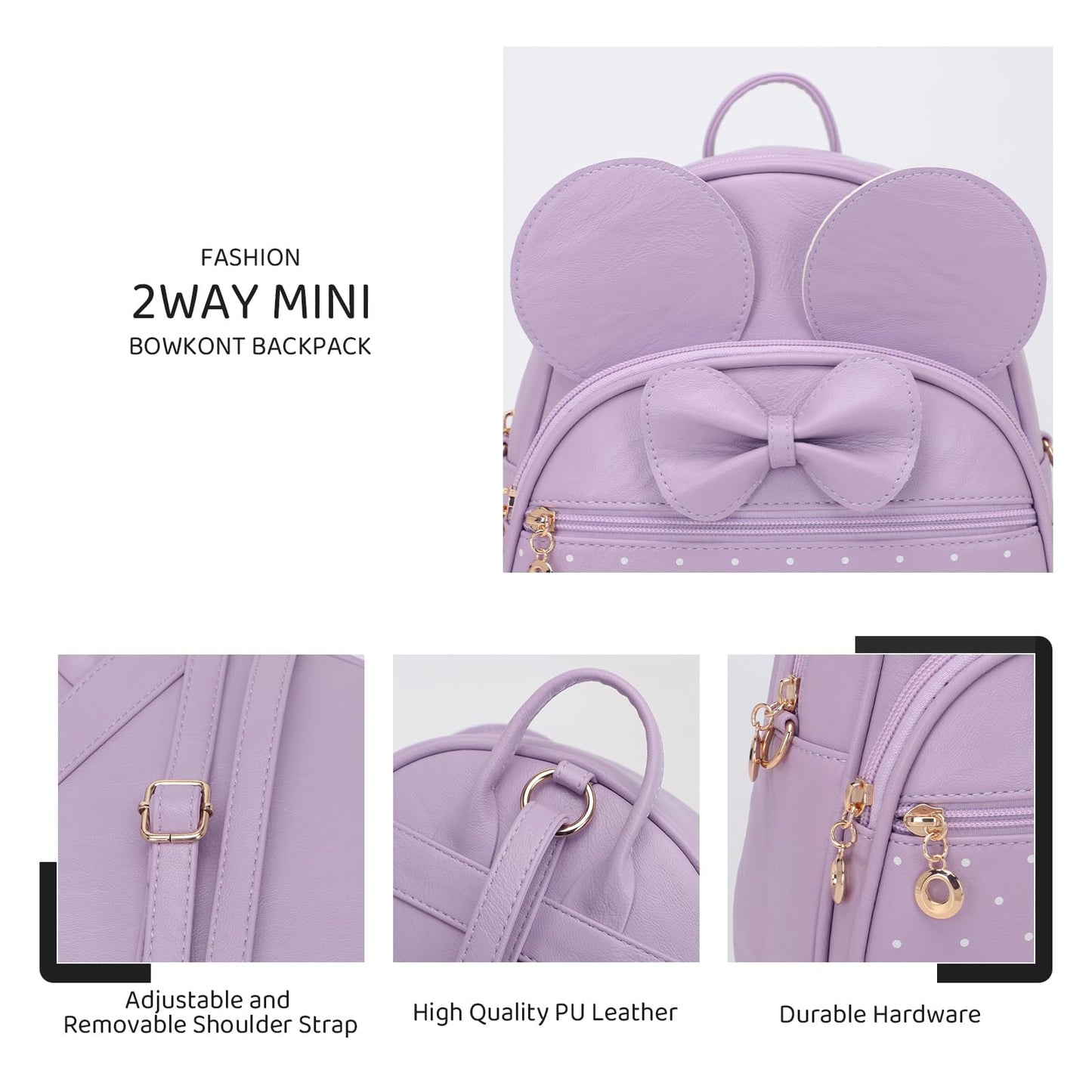KL928 Girls Mini Backpack Bowknot Polka Dot Cute Daypacks Convertible Shoulder Bag Purse for Women (L.Purple)