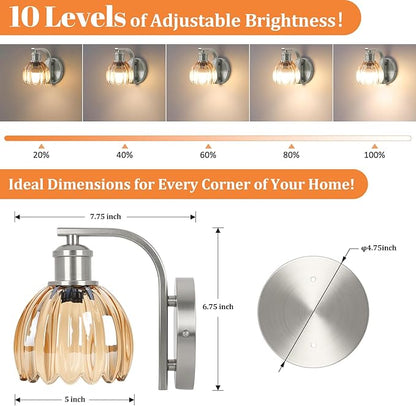Rechargeable Battery Operated Wall Sconce with Amber Glass Lampshade, Wireless Wall Scone Decor with Remote Control, 15 Colors Brushed Nickle Wall Light for Bedside Hallway Bedroom Doorway