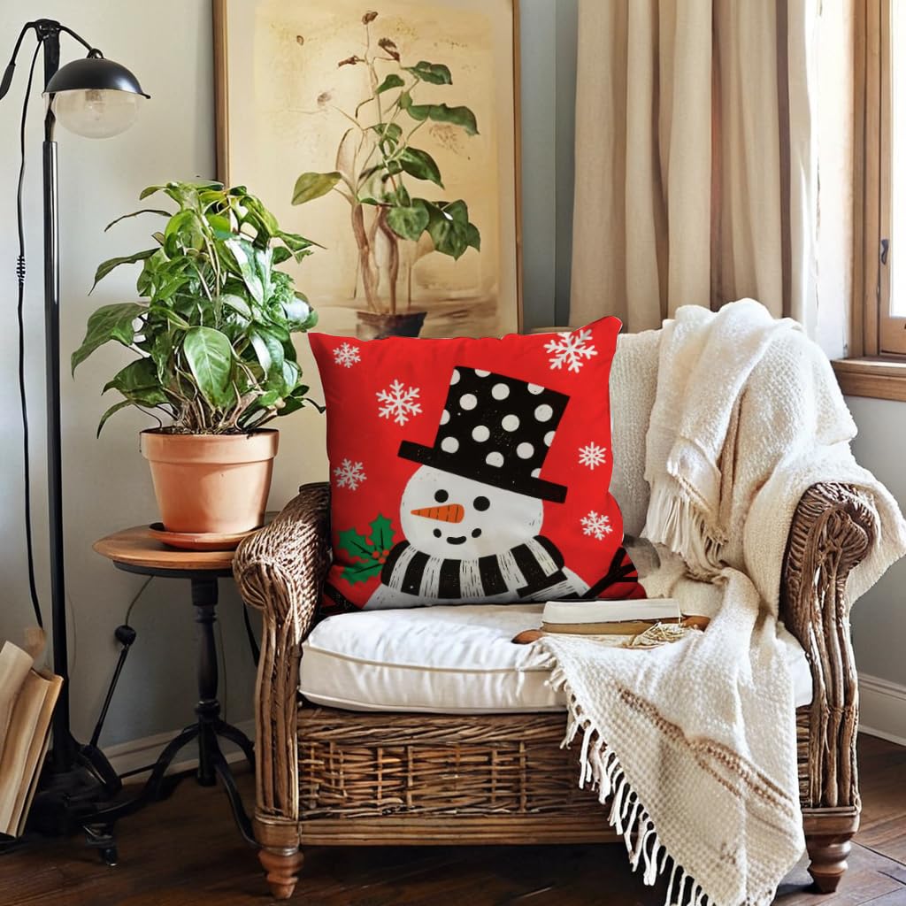7COLORROOM Set of 4 Christmas Red Pillow Cover Lovely Snowman Festival Throw Cushion Cover Home Decorative Winter Cotton Linen Pillowcases 18" x 18"(Snowman)