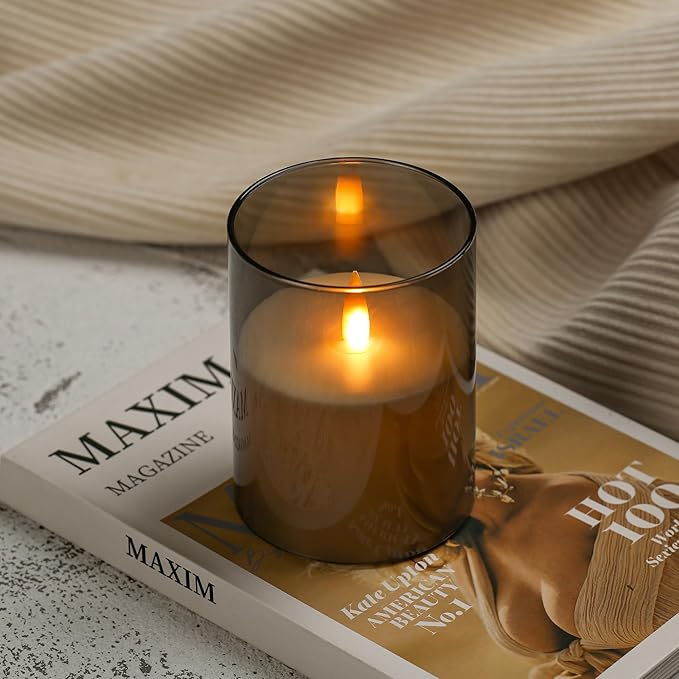 Upinmz Grey Acrylic Flameless Candles with Remote Control and Timers，Battery Operated Candles，LED Pillar Candles with Dancing Flame ，for Home Decorations ，Set of 3