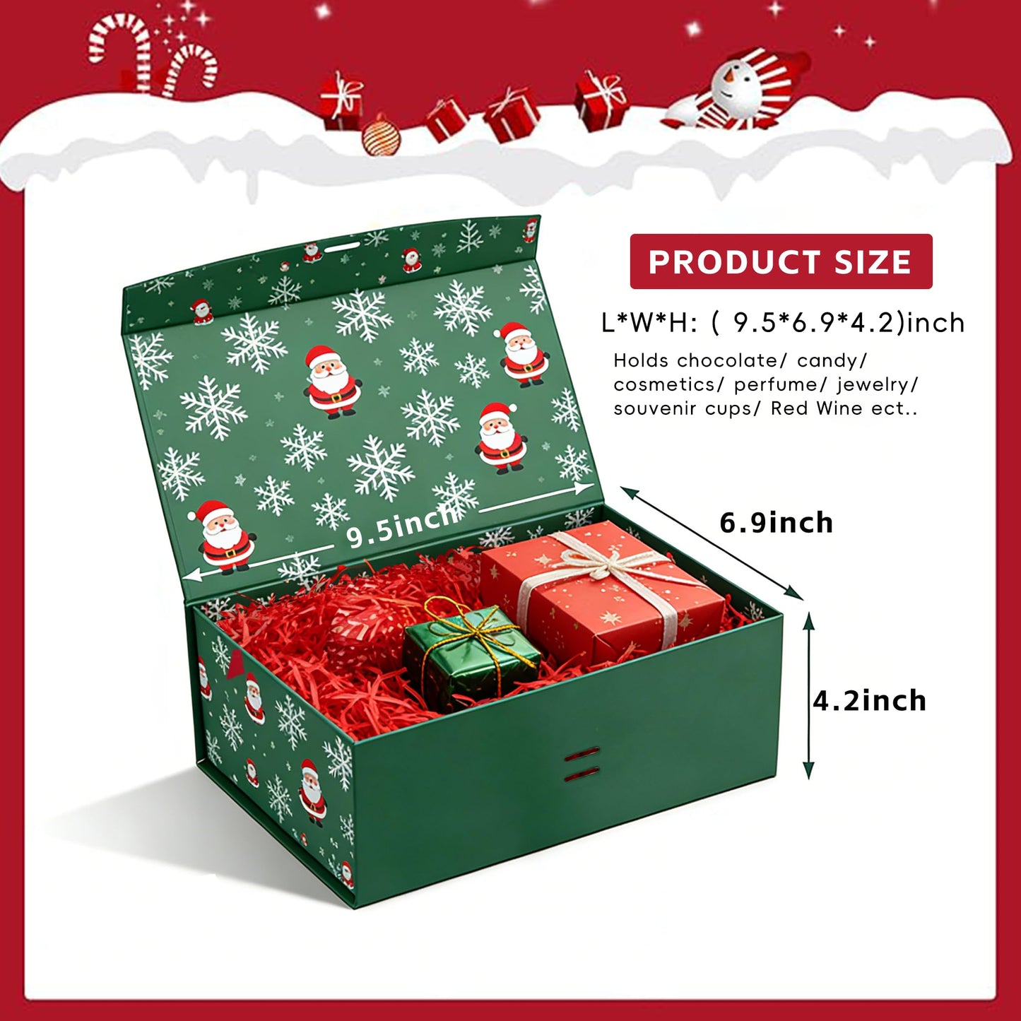 Dimore Christmas Magnetic Gift Boxes with Lids, Collapsible Hardboard Gift Packaging, Red & Green Holiday Boxes for Presents, 4 Pack (Multiple Sizes) (4Pack Christmas 9.5"*6.9"*4.2")