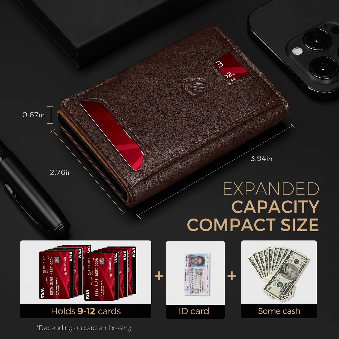 RUNBOX Wallet for Men 9-13 Cards RFID Blocking Aluminum Pop Up Card Holder with ID Window & Stretchable Cash Slot - Minimalist Smart Mens Wallet, Gifts for Men