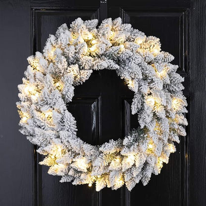 Glitzhome 24" D Pre-Lit Snow Flocked Christmas Wreath with Warm White LED Lights and Timer Artificial Decoration Wreath for Front Door Wall Window Indoor Outdoor Christmas Decorations
