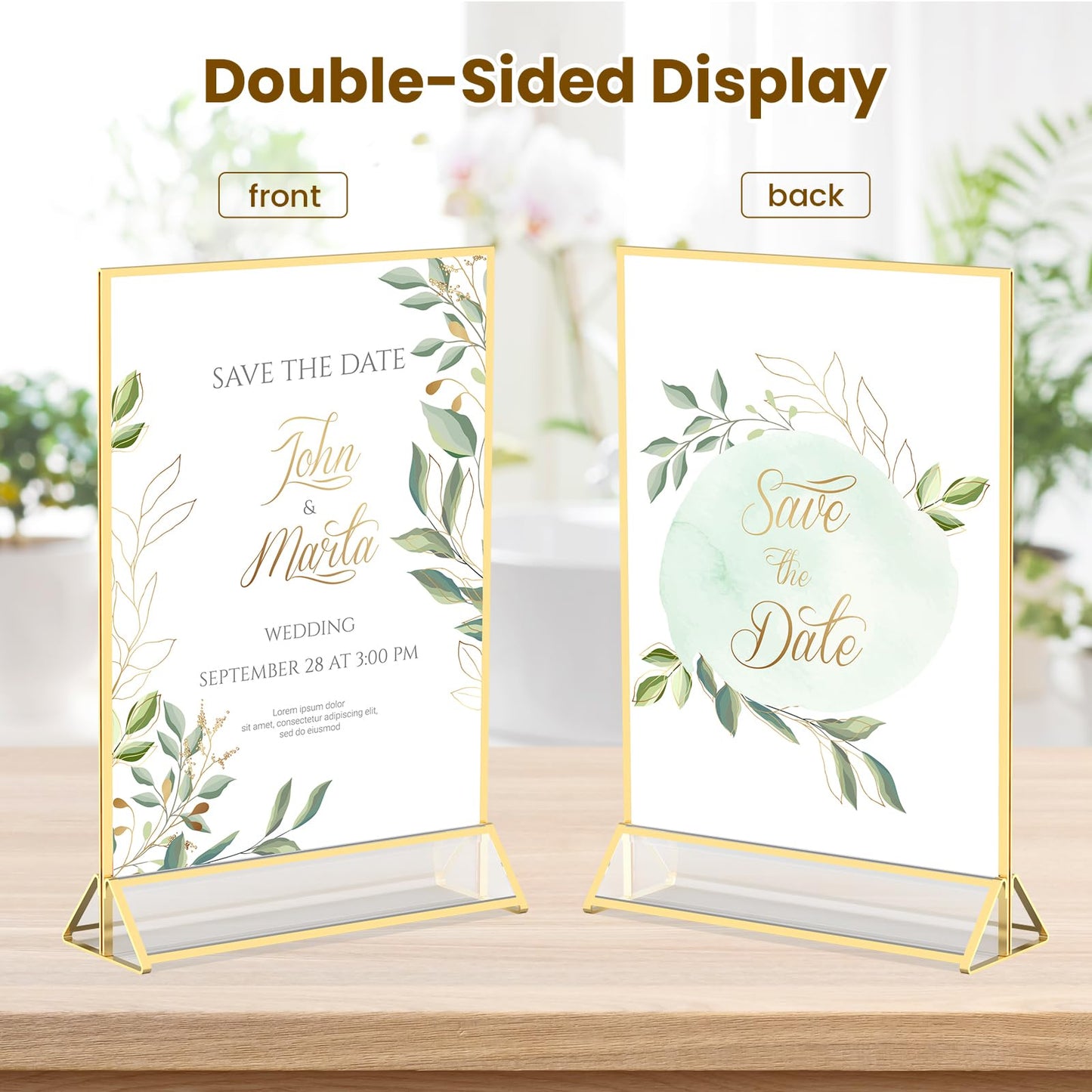 YOAEAILY Gold Frames 5X7 Acrylic Sign Holder Double-Sided Tabletop Picture Frames for Menu Holder Wedding Table Number Holder Christmas Photo Frames with Removable Sticky Dots-3 Pack