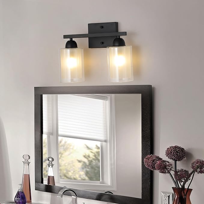 Matte Black Bathroom Vanity Light Over Mirror, 2 Light Bathroom Light Fixtures with Milk Glass and Clear Glass Shades, Modern Vanity Lighting Wall Mount