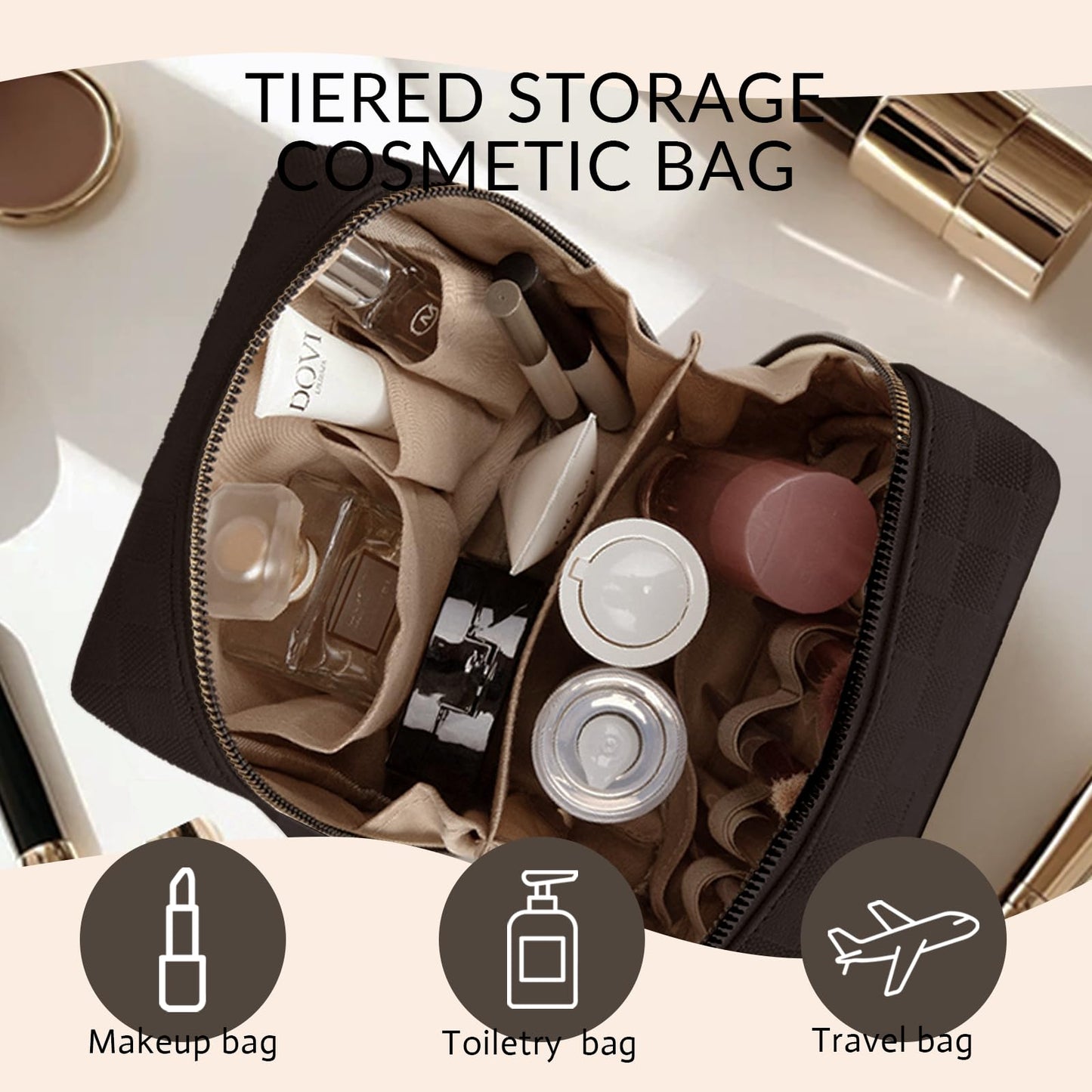 YDR Makeup Bag Small Capacity Lipstick Organizer Portable Travel Toiletry Bag PU leather Portable Makeup Case (Cosmetic-1-Brown)