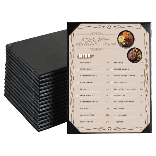 FLKQC 15 Pack Restaurant Menu Covers Holders 8.5" X 11", Single View Synthetic Leather Menu Holder Covers Book Style with Angled Corners Black for Wine List, Menu Sleeves Home Use (15, 1 Page)