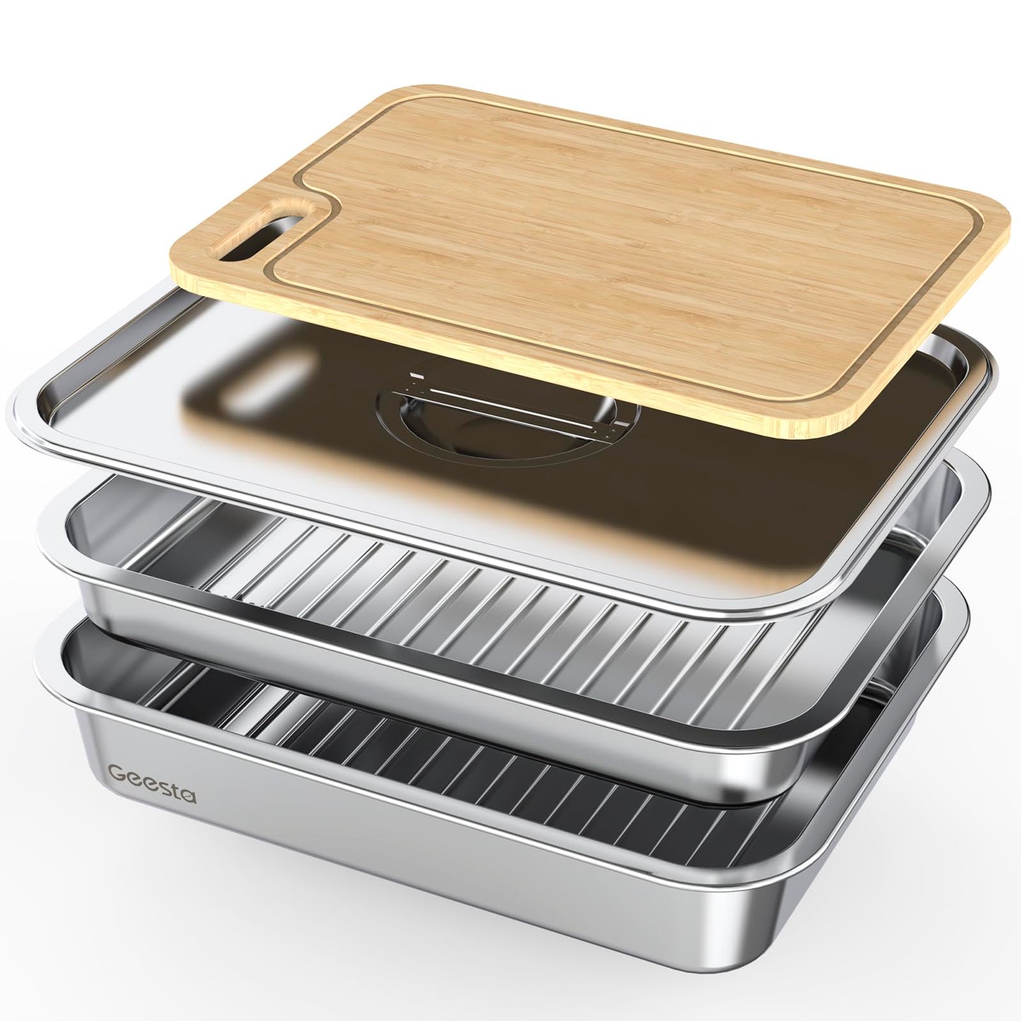 Geesta Grilling Prep and Serve Tays, Stainless Steel Large Capacity Food Prep Tray, Grill Carry System, Marinade Container with Lid and Cutting Board,BBQ Grill Accessories, Grilling Gifts for Men