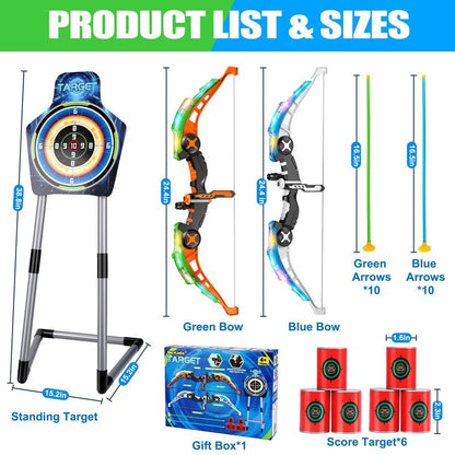 2 Pack Kids Bow and Arrow Set, LED Light Up Archery Set with 20 Suction Cup Arrows, Indoor Outdoor Sport Games for Kids Ages 4-8 8-12, Birthday Gifts Toys for 4 5 6 7 8 9 10 11 12 Year Old Boys Girls