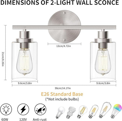 GORDNWE Bathroom Vanity Light Fixtures, 2 Light Brushed Nickel Bathroom Light, Vanity Sconce with E26 Bulb Base, Modern Wall Lights for Mirror, Hallway, Farmhouse