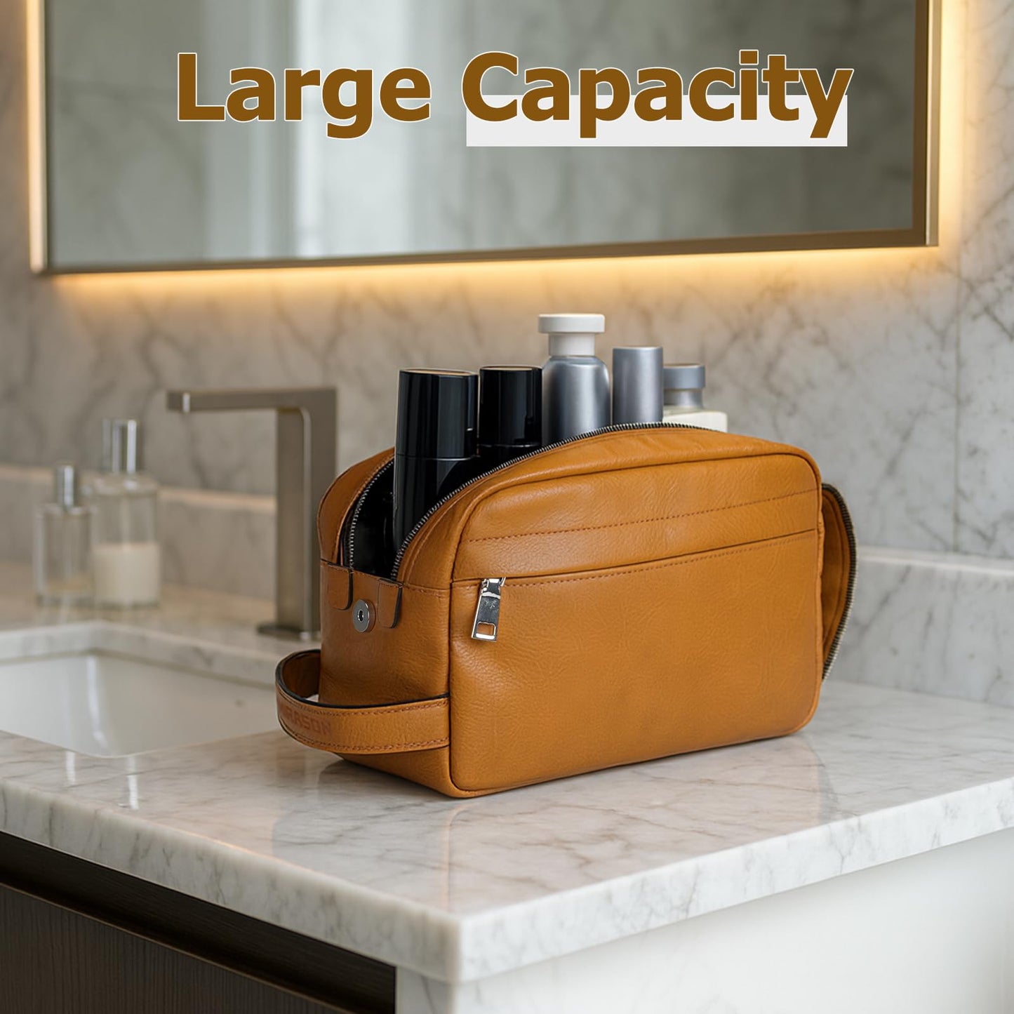 MIRASON Toiletry Bag for Men Leather Travel Toiletry Bag Dopp Kit with Metal Zippers, Water-Resistant Bathroom Bag for Travel Essentials Shaving Bag Gifts for Men, Brown
