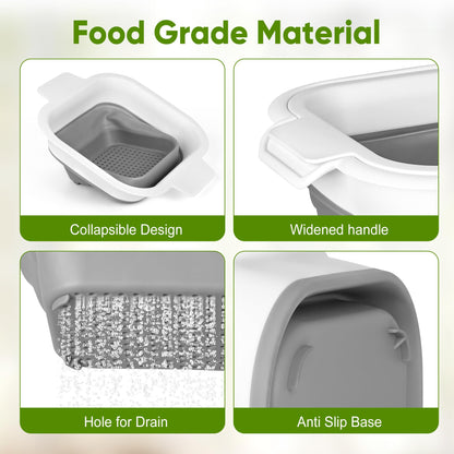 ROTTOGOON Collapsible Colander Set with Strainer Bowl, 2 in 1 Fruit Washing Basket with Strainer, 5 + 3 QT Plastic Colanders for Kitchen, Foldable Double Layered Colanders Bowl for Vegetable, Grey