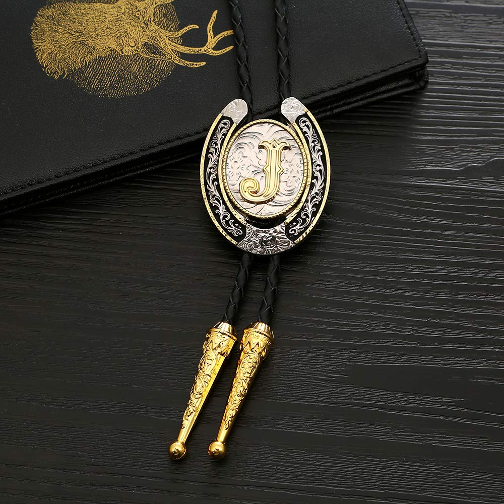 HUABOLA CALYN Bolo Tie for Men- Golden Initial Letter ABCDMJR to Z Western Cowboy Bolo Tie for Women (J)