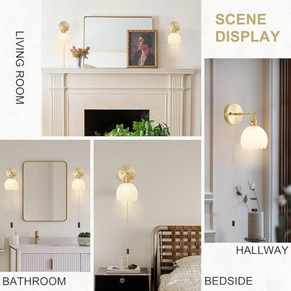 Plug in Wall Sconce, Vintage Sconce Light with Tulip Milk White Glass Lampshade, 180° Adjustable Wall Sconce with Switch and Plug in Wall Lamp Cord, Gold Wall Light for Bedroom Bedside