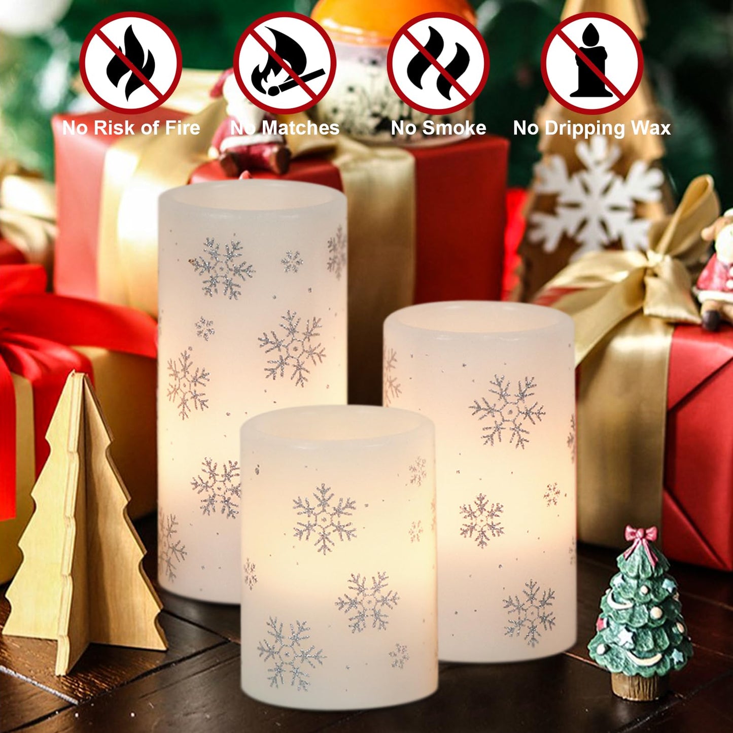 DRomance Silver Snowflake Flameless Flickering Candles Battery Operated with 6H Timer, 3 Pack Real Wax Warm Light LED Pillar Candles Dinner Tabletop Holiday Centerpiece Decor 3" x 6"