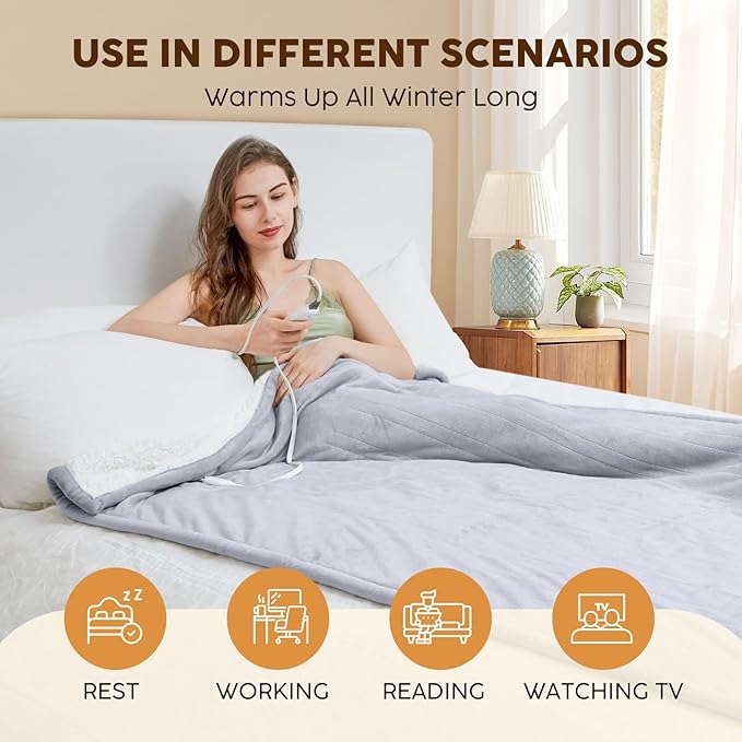 HYLEORY Heated Electric Blanket Twin 62"x84" Soft Fleece & Flannel with 5 Heating Levels & 10 Hours Timer Auto Shutt Off, ETL Certified, Washable，Heated Blanket for Body-Light Grey