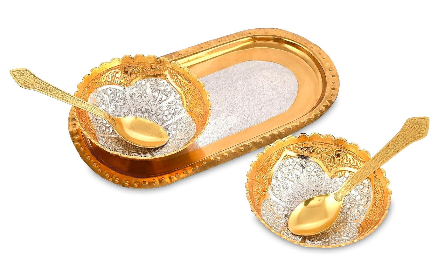 NOBILITY Bowl Spoon Tray Set Gold and Silver Plated Light Weight with Gift Box Dessert Dry Fruits Serving Gift Items Diwali Christmas Eid Wedding Return Home Decoration Gifts