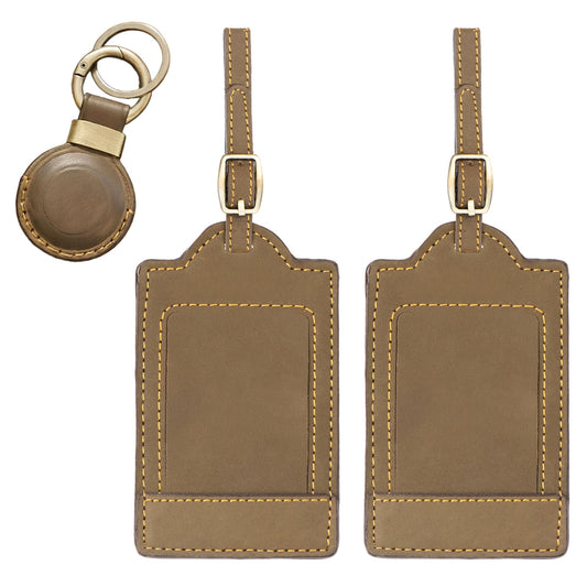 Sovereign-Gear - Two Brown Leather Luggage Tags with Leather AirTag Holder Combo - Genuine Leathers Luggage Tag for Suitcases - Secure, Stylish & Durable Travel Accessory