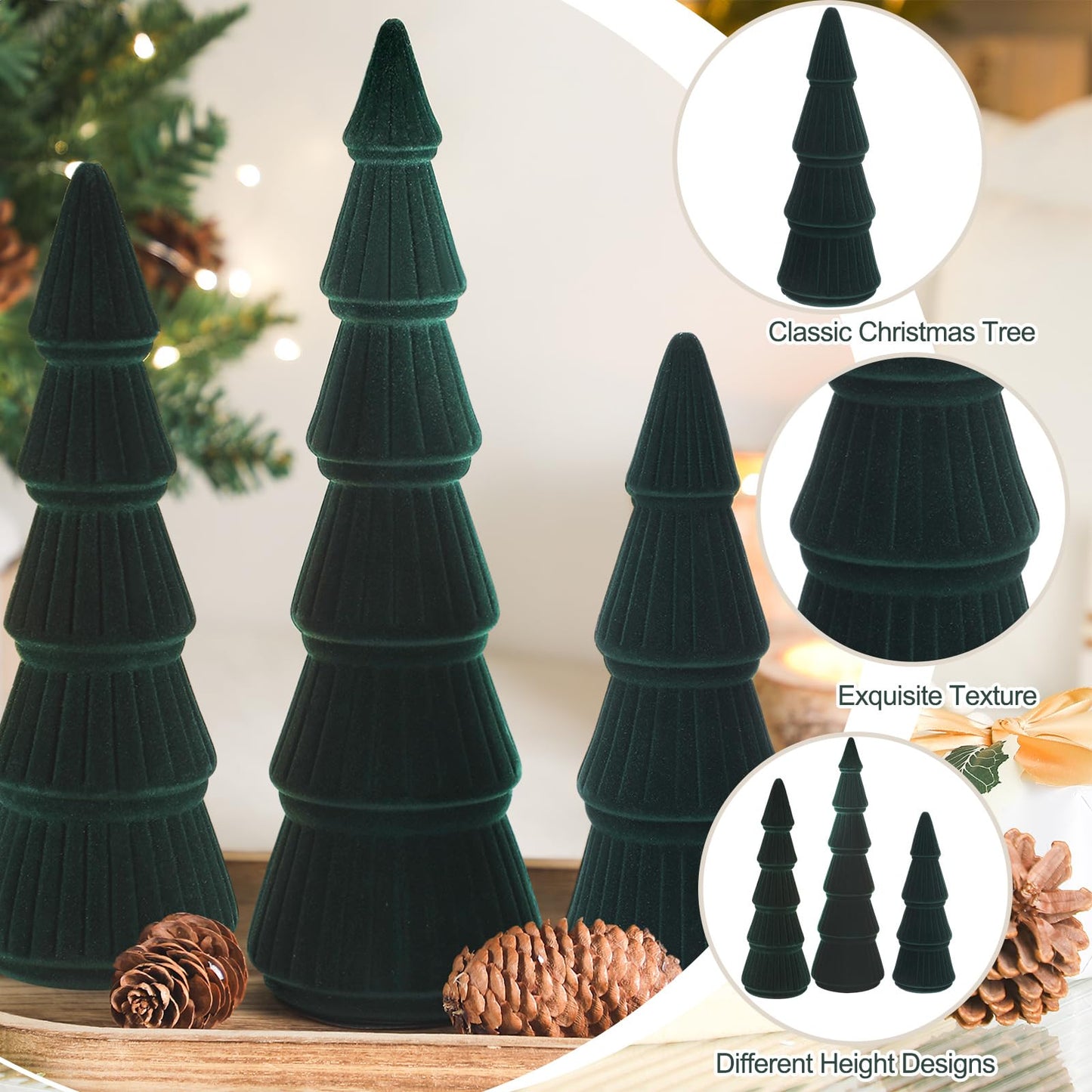 Bucherry 3 PCS Velvet Christmas Tree Figurines Decoration - 8" 10" 14" Modern Cone Christmas Tabletop Home Rustic Centerpiece Set for Winter Holiday Mantel Entryway Party Decor(Green)