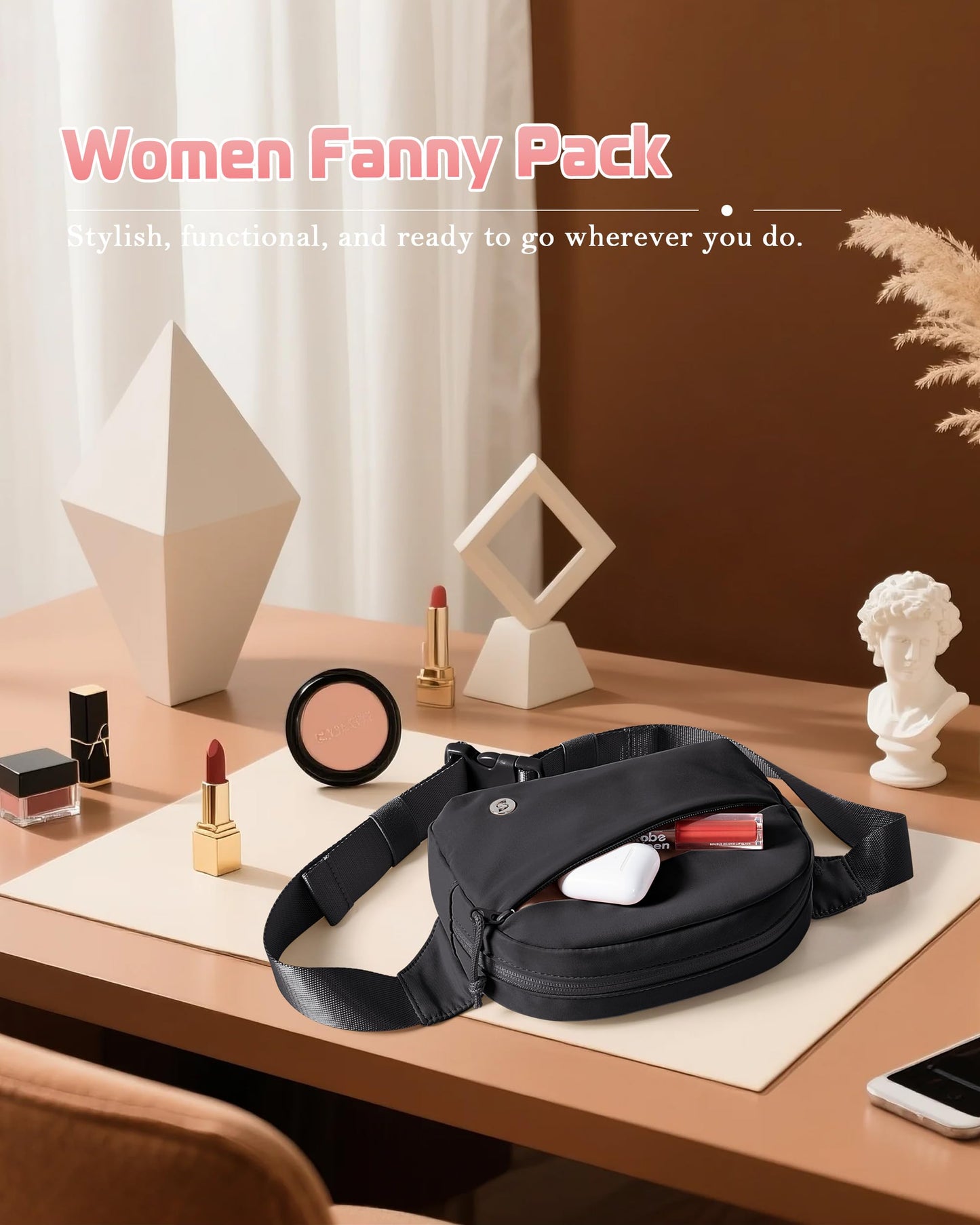 Smasrob Fanny Pack for Women, Crossbody Sling Bag Waist Bag with Multiple Pockets and Adjustable Strap, Black